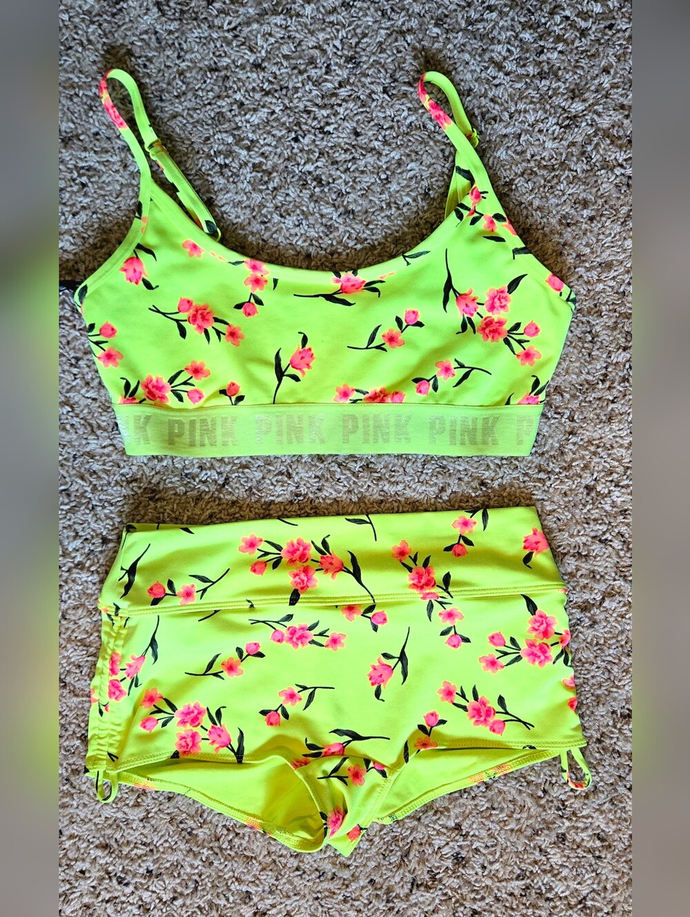 PINK Victoria’s Secret Neon Floral Bikini Swimsuit Set Medium Y2K Swimwear
